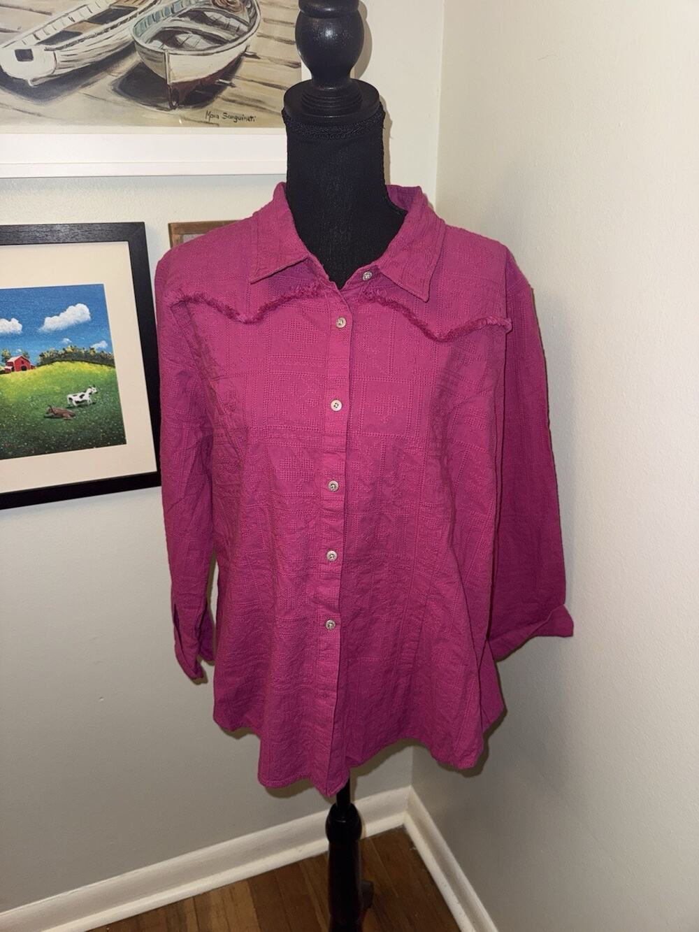 Reba McEntire Western Shirt XL Pink Textured Frayed Western Yoke Button Down